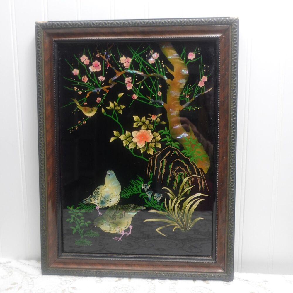 Vintage Japanese Reverse Painted Glass Picture Mother of Pearl Inlay Birds